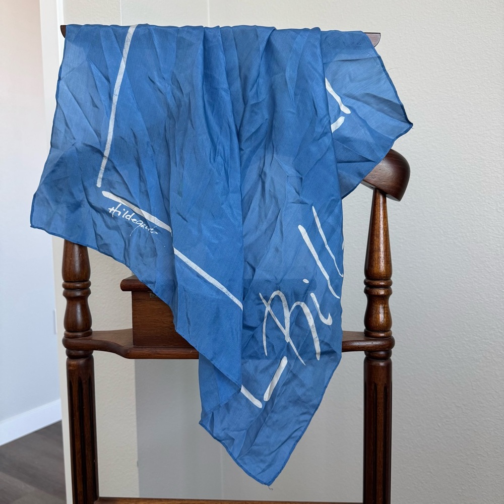 Bill Hildegard 100% Silk Scarf Blue 23x23 Square Signature Print Neckerchief